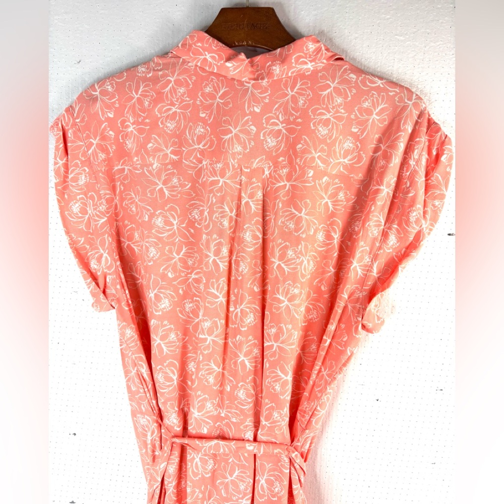 Ann Taylor Factory 16 Bright Peach Floral Sketch Belted Button Down Midi Dress - Picture 6 of 9
